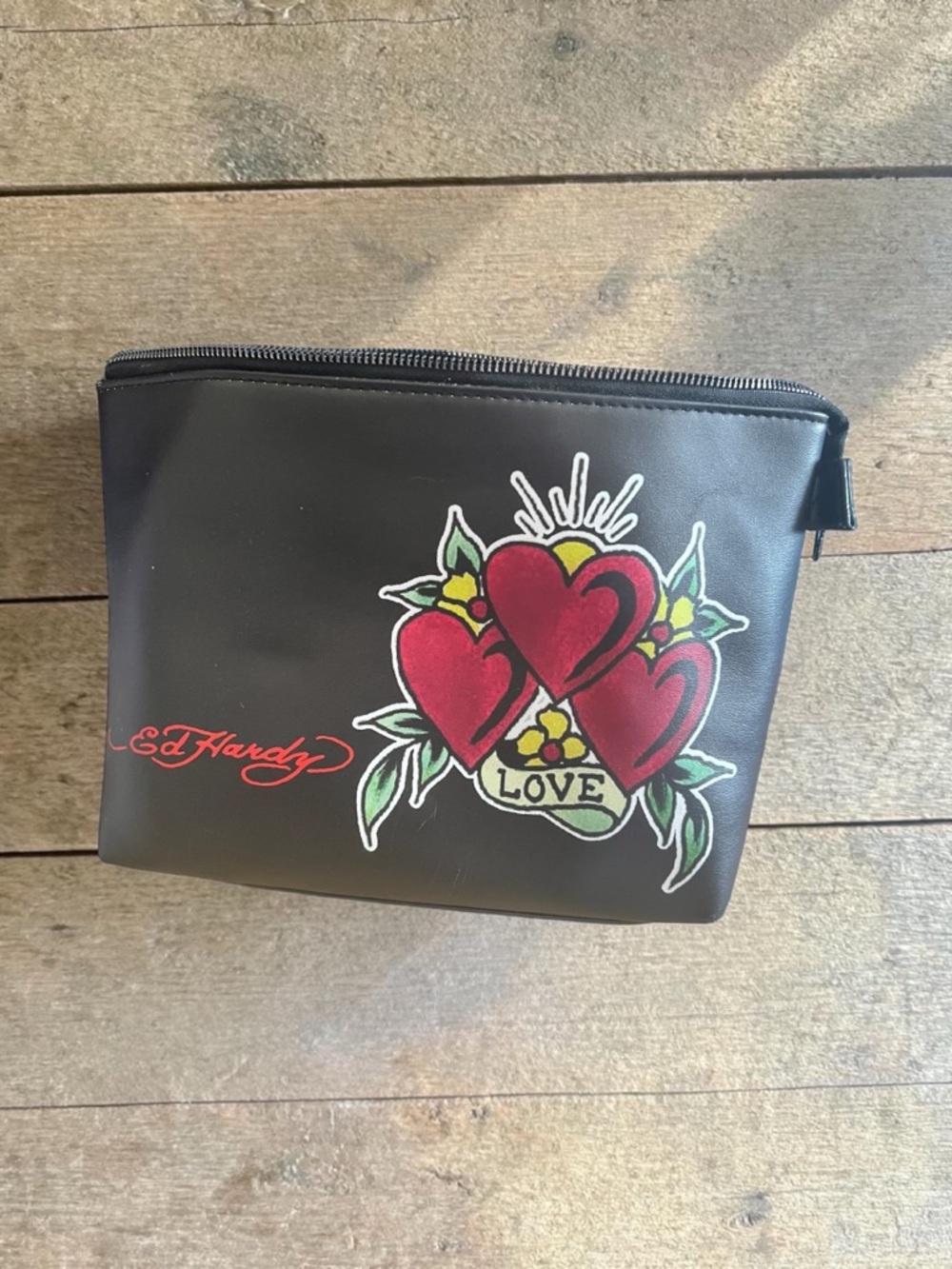 Ed Hardy Black Zip Pouch with Red Accent and Green Detail